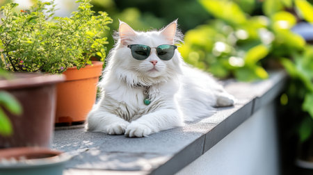Sunglass-wearing white cat relaxing on a rooftop, focus on its cool and fashionable demeanor, playful and whimsical vibeの素材