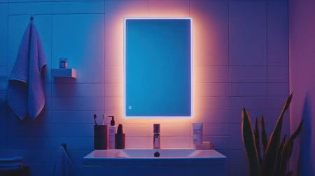 A sleek smart mirror bathroom cabinet featuring anti-fog technology, with a solid color backdropの素材