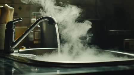 A stream of hot water pours into a kitchen sink, steam rising softly, evoking warmth and relaxationの素材