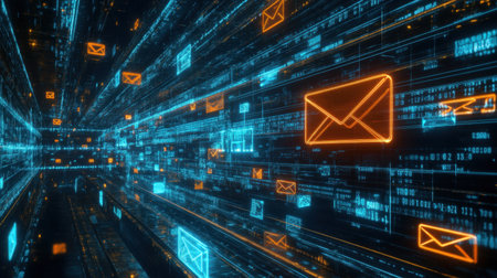 A digital mailbox icon in a vast cyberspace environment, with data trails flowing around itの素材