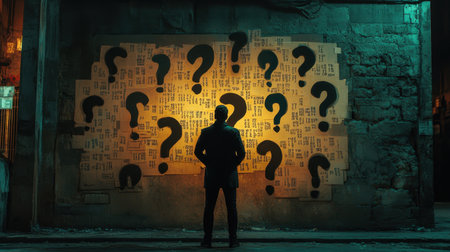 A man stands in front of a wall covered in questions, contemplating the unknown in a challenging momentの素材