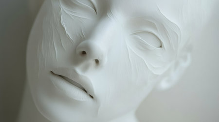 Closeup of a white face with a smooth mask, creating an abstract and mysterious visual effectの素材
