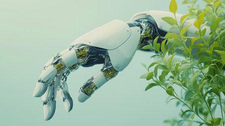 Bio-inspired robotic arm mimicking plant movements, blending nature and technology on a clean solid color backgroundの素材