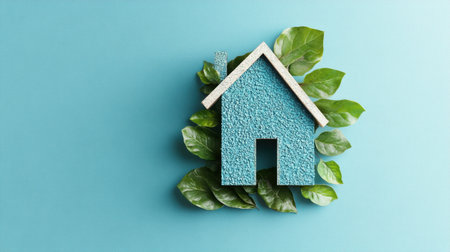 A stylized eco-friendly house symbol with leaf accents, conveying themes of sustainability and conservationの素材