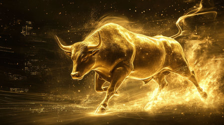 Majestic golden bull with financial data illuminating around it, symbolizing success and market prosperityの素材