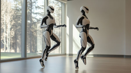 Innovative bio-inspired robotics, replicating natural movement, displayed against a sleek solid backdropの素材