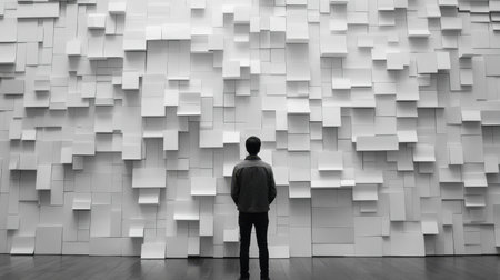 Man standing before a wall of questions, lost in thought, symbolizing uncertainty and decision-makingの素材