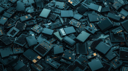 A stunning overhead view of countless dark green electronic components assembled chaotically, representing the intricate world of technology and modern engineering advancements.の素材