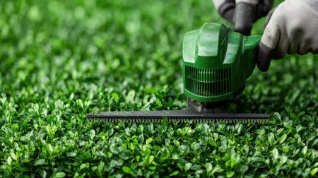 A close-up view of hands operating a green electric hedge trimmer over lush greenery, showcasing precision in garden maintenance and outdoor beautification tasks.の素材