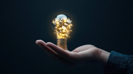 A captivating image featuring a hand holding a glowing light bulb filled with coins, symbolizing creativity, wealth, and innovative financial growth.の素材