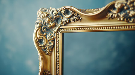 A beautifully ornate gold vintage photo frame, standing out against a soft gray background, perfect for classic decor and artの素材