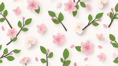 Elegant design featuring delicate pink cherry blossoms and vibrant green leaves on a soft white background, perfect for spring-themed projects and floral aesthetics.の素材