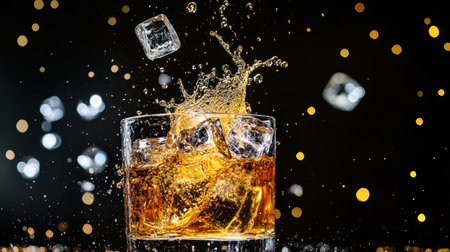 A glass of whiskey splashing, with ice cubes suspended mid-air, creating a dramatic contrast against the black backgroundの素材