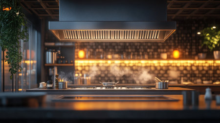 A high-end kitchen metal hood with lighting, highlighting its functionality and sleek design, isolated on a professional restaurant backgroundの素材