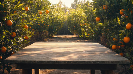 A simple wooden table with free space, set before a scenic orange grove, inviting creativity and natural beauty in an outdoor settingの素材