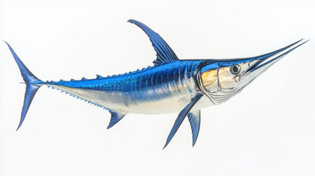 A striking blue marlin swordfish in mid-jump, isolated on a white background, showcasing its beauty and grace in ocean watersの素材