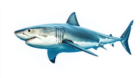 Great white shark swimming, isolated on a pure white background, highlighting its strong features and sleek formの素材