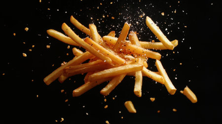 Golden french fries tumbling through the air against a deep black background, a playful and appetizing visualの素材