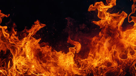 Intense fire flames dancing against a pitch-black background, showcasing the bright orange and red hues of the fireの素材