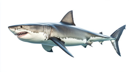 Massive great white shark isolated on a clean white background, displaying its streamlined body and sharp, predatory featuresの素材