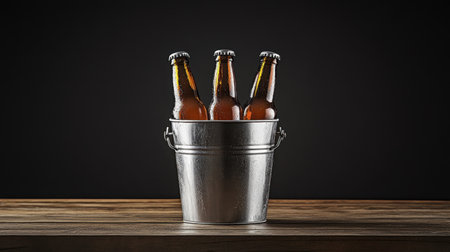 Ice-cold beer bottles in a metal bucket, sitting on a wooden table against a black background, perfect for a casual gatheringの素材