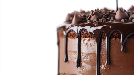 Rich chocolate cake with dripping frosting, isolated on a clean white background for a tempting dessert visualの素材