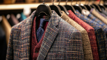 Stylish men suits neatly arranged on hangers in a boutique, showcasing a variety of colors and styles, ready for a fashionable wardrobe updateの素材