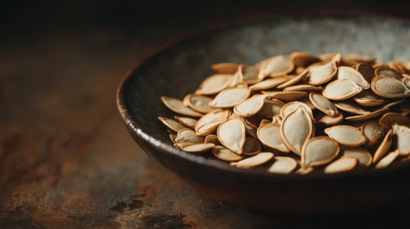 A ceramic dish filled with pumpkin seeds, neatly arranged and captured up close, highlighting the earthy tones and textures of the seeds.の素材