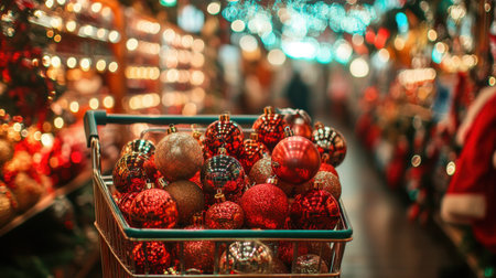 A shopping cart full of Christmas ornaments and holiday lights, pushing through a brightly decorated seasonal aisle in a store.の素材