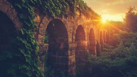 A low-angle view of an ancient stone aqueduct at sunrise, with ivy creeping along its weathered arches, soft light bathing the intricate textures of the stonework.の素材