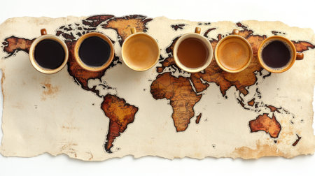 A map highlighting coffee cups across the globe, representing the spread of coffee culture on International Coffee Day, with a clean white backdropの素材