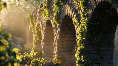 A low-angle view of an ancient stone aqueduct at sunrise, with ivy creeping along its weathered arches, soft light bathing the intricate textures of the stonework.の素材