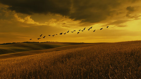 A flock of birds heading south, silhouetted against a dusky sky, soaring above golden fields, capturing the essence of seasonal migration.の素材