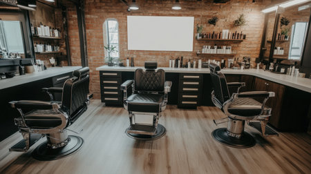 A modern barber shop with sleek black chairs, clean counters, and a large white blank mockup banner above the styling area, perfect for brandingの素材