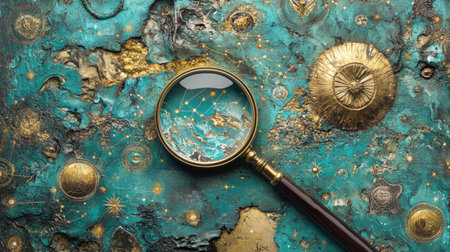 A treasure map with a magnifying glass revealing secret constellations, merging historical exploration with an otherworldly celestial twist.の素材