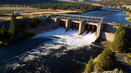 Aerial view of a hydroelectric power plant, water rushing through turbines with the surrounding landscape, emphasizing renewable energyの素材