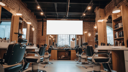 A modern barber shop with sleek black chairs, clean counters, and a large white blank mockup banner above the styling area, perfect for brandingの素材