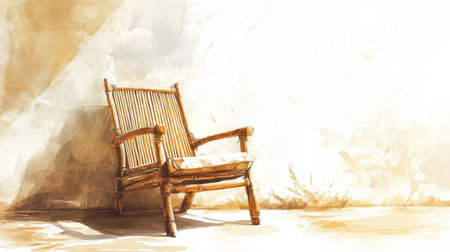 Bamboo chair seen from a low angle, emphasizing its natural textures and warm, golden hues, rendered in a delicate watercolor styleの素材