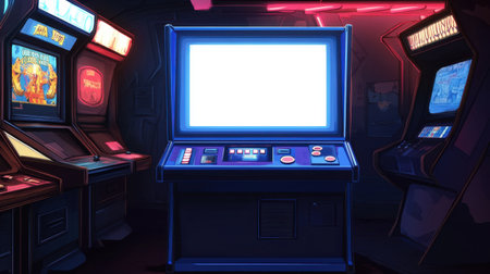 Blank white screen on a retro arcade machine, set in a vintage gaming room with posters and neon lights, creating a nostalgic, retro vibe.の素材