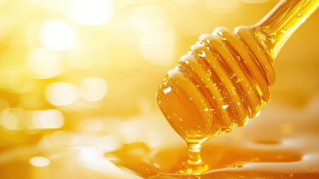 Dripping organic honey from a dipper, shot against a blurred, simple background, creating a clean composition with space for copy and emphasis on natural sweetness.の素材