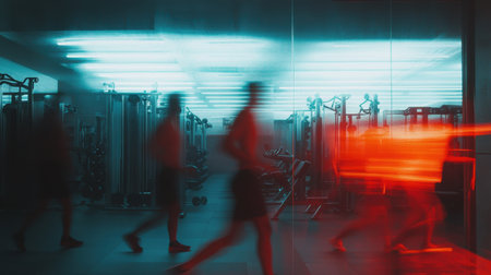 Gym environment with blurred figures working out on machines, focusing on the overall energy and determination in the spaceの素材