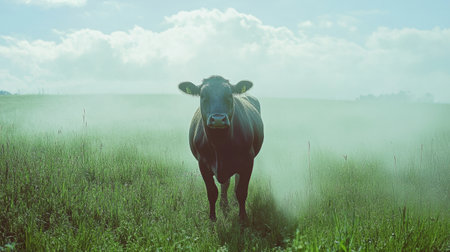 Cows in a lush field with a faint overlay of methane gas emissions, drawing attention to the role of livestock farming in greenhouse gas production.の素材