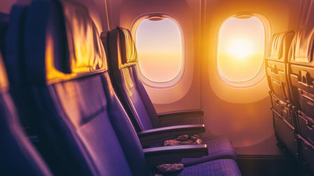 Empty airplane seats in economy class, sunlight streaming through the window, showcasing the calm atmosphere of a flight in progress.の素材