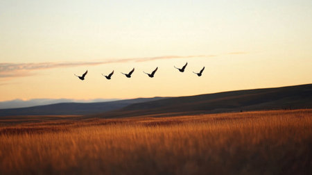 Migratory birds in flight, soaring over golden fields at dusk, their formation against a backdrop of fading light signaling the onset of seasonal change.の素材