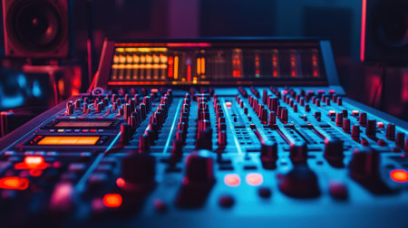 Mixing console filled with buttons and lights, a visually striking scene in a studio setting, capturing the technical aspects of audio engineering.の素材
