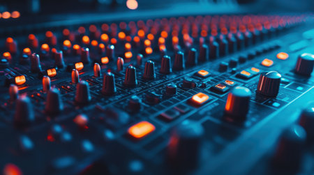 Mixing console filled with buttons and lights, a visually striking scene in a studio setting, capturing the technical aspects of audio engineering.の素材