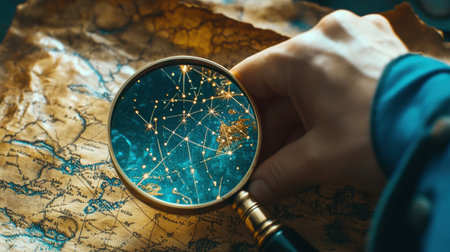 Magnifying glass focusing on a constellation pattern hidden within an ancient treasure map, blending adventure with celestial wonder.の素材