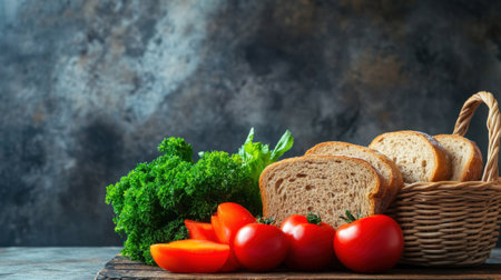 Organic whole wheat bread and fresh vegetables arranged on a wooden table, with a clean and simple background offering space for text or branding.の素材