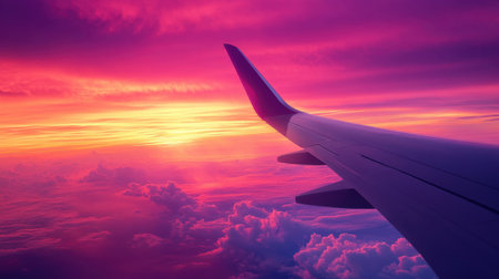 A breathtaking view from an airplane window during sunset, featuring a wing against a canvas of vibrant, colorful sky, creating a sense of wonder and adventure.の素材