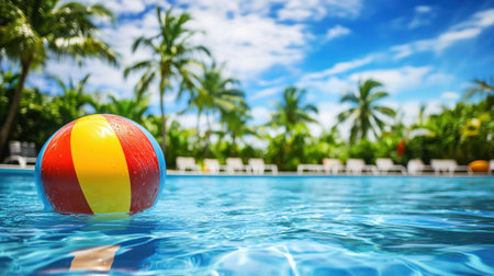 A colorful beach ball floating gently in a pool, with tropical palm trees and bright blue skies in the background, creating a playful, summer vibe.の素材